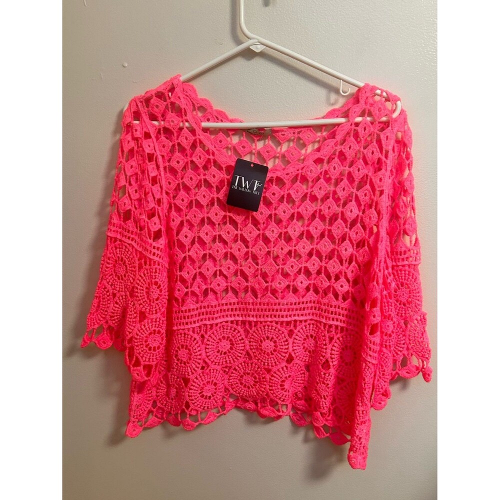 NWT Hot Pink Crochet Open Knit Top Cover Up Beach Summer Festive Boho Hippie OS - Picture 3 of 7